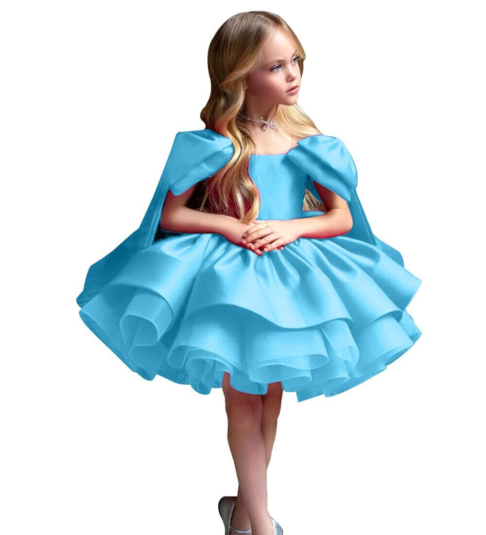 Satin Flower Girl Dress Toddler Short Girl Pageant Dresses A Line Short Puffy Birthday Party Dress with Bow 2025 TJ13