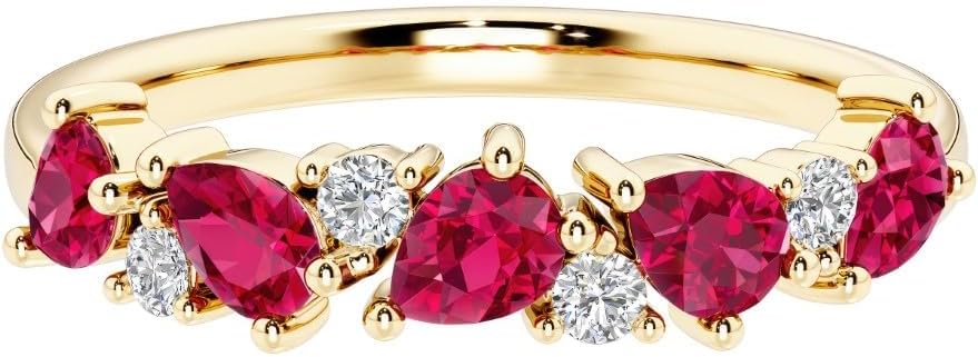 14k White or Yellow Gold Alternating Pear Lab Grown Ruby and Diamond Half Eternity Ring, July Birthstone, Stackable, Anniversary Wedding Band, Birthday Gift for Women w/ Jewelry Box, Sz 4-10