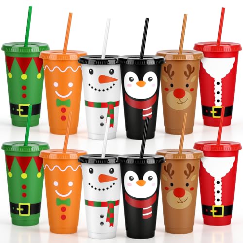 Kochorie 12 Pcs Christmas Plastic Cups with Lids and Straw Reusable Tumbler