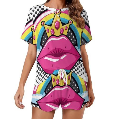 Ensemble pyjama femme manches courtes lèvres rouges arc-en-ciel sleepwear