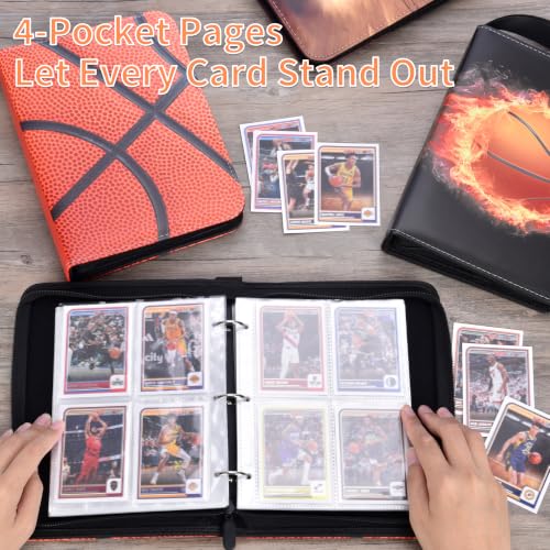 Image of 4 Pocket Basketball Card Binder with Zipper, Holds 400 Cards | 50 Removable Acid-Free & PVC-Free Card Pages, Durable PU Leather Cover for Long-Term Card Storage and Protection