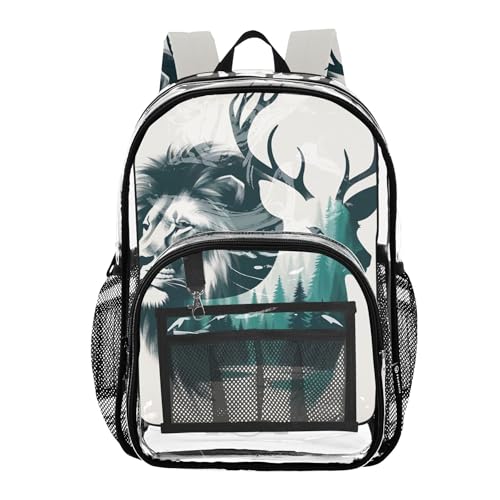 TSENQUE Mochila feminina transparente para meninos e meninas bolsa de ombro escolar transparente floresta veado leão