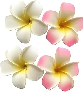 مشابك شعر على شكل زهور، 4 قطع 7 سم ابيض وزهري هاواي فرانجيباني، راس رغوة بلوميريا لحفلات الشاطئ مشبك شعر على شكل زهرة
