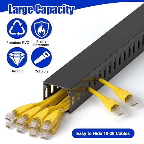 Image of 1.4 inchH x 1.6 inchW Cable Raceway, 99in Under Desk Wire Management Channel, Black | Slotted Wire Duct, 6Pack, 16.5in Each, Heavy-Duty PVC Cable Management for Server Racks, Network Cables & Electrical Cabinets