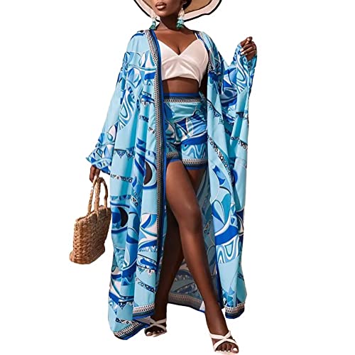 Womens 2 Piece Outfits Floral Print Long Cardigan Cover and Shorts Set