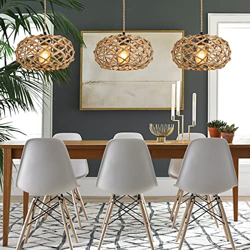 Plug In Pendant Light Hand-Woven Rattan Hanging Lamp With 15Ft Hemp Rope Dimmable Switch, Boho Coastal Cage Basket Hanging Light Fixture For Living Room Bedroom Kitchen Island, Ul Listed #TOP3