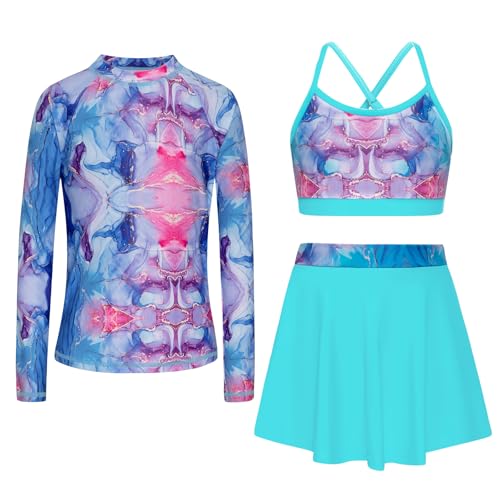 Girls Swimsuit Long Sleeve Swim Shirt 3 Piece Rash Guard for Girls Bathing Suit with Boyshorts Pink Green 7-8 Years