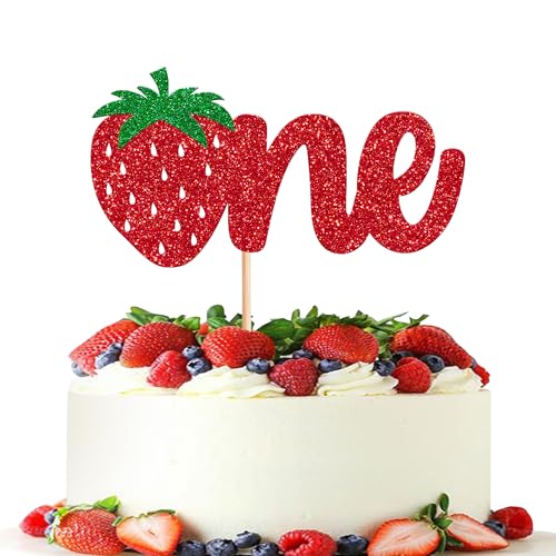 1 Pack Strawberry One Cake Topper Red Glitter Strawberry 1st Birthday Cake Pick for Fruit Theme Baby Shower Kids Birthday Party Strawberry Party Cake Decorations Supplies