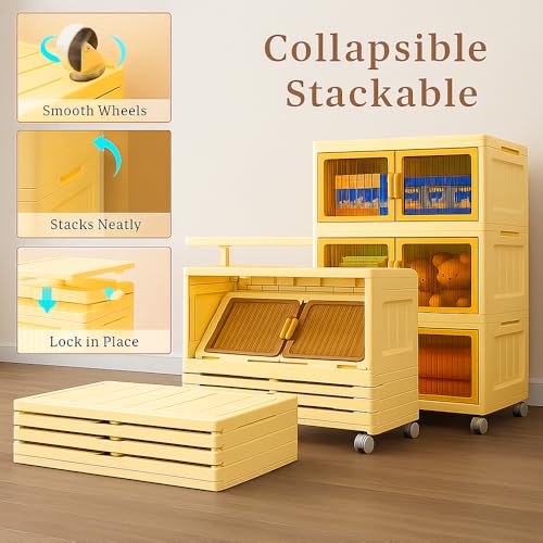 Image of Tarkan DIY Stackable Storage Cabinet with Wheels, 50x25x72 cm, 3-Tier Magnetic Door Organiser, Transparent Panels, Cream
