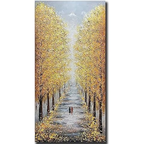 Yotree Paintings - 24x48 Inch 3D Wall Art on Canvas Abstract Painting Autumn Landscape Golden Avenue Wood Inside Framed Hanging Fall Wall Decoration Ready to Hang Vertical Cover