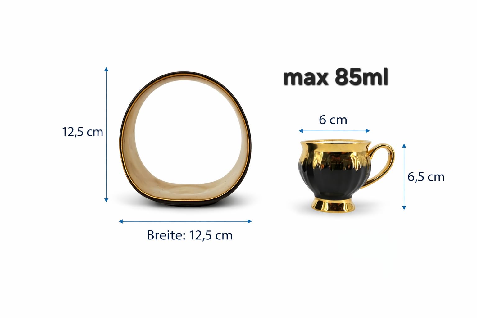 Espresso Tassen 6er Set, Schwarz Glänzend mit Goldenem Finish, 85ml, Modernes Luxus Design, Türkischer Mokka Stil