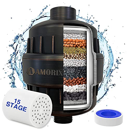 Filtro per soffione doccia in bronzo lucidato a olio, 15 fasi per acqua dura, ad alta potenza, riduce la pelle secca e il prurito del cuoio capelluto, migliora la condizione della pelle