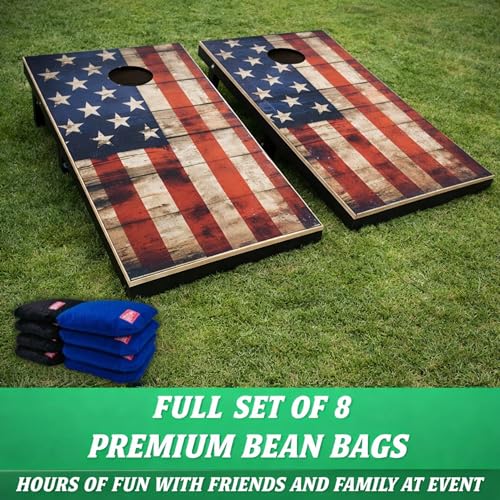 Image of Beewibe Classic Cornhole Board Game Kit - Available in 4'x2' Size - Comes with 8 Cornhole Bags (Cornhole Board Game Set) (Vintage USA Flag)