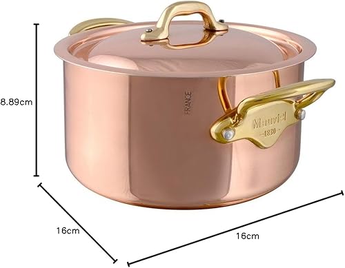 Miniatura 3 de Mauviel M'150 B - Cacerola de cobre pulido y acero inoxidable de 0.069 pulgadas con tapa y asas de latón, 1.8 cuartos de galón, fabricada en Francia