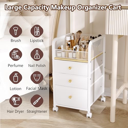 Image of Makeup Organizer Storage Cart with Drawers, Makeup Organizer on Wheels, Rolling Makeup Bathroom Storage Cart, Cosmetic Vanity Display Cases Holder for Nail Polish Brush Hair Tool