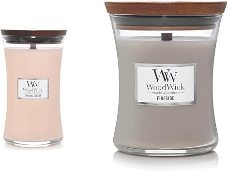 WoodWick Large Hourglass Candle, Coastal Sunset - Premium Soy Blend Wax & Medium Hourglass Candle, Fireside - Premium Soy Blend Wax, Pluswick Innovation Wood Wick