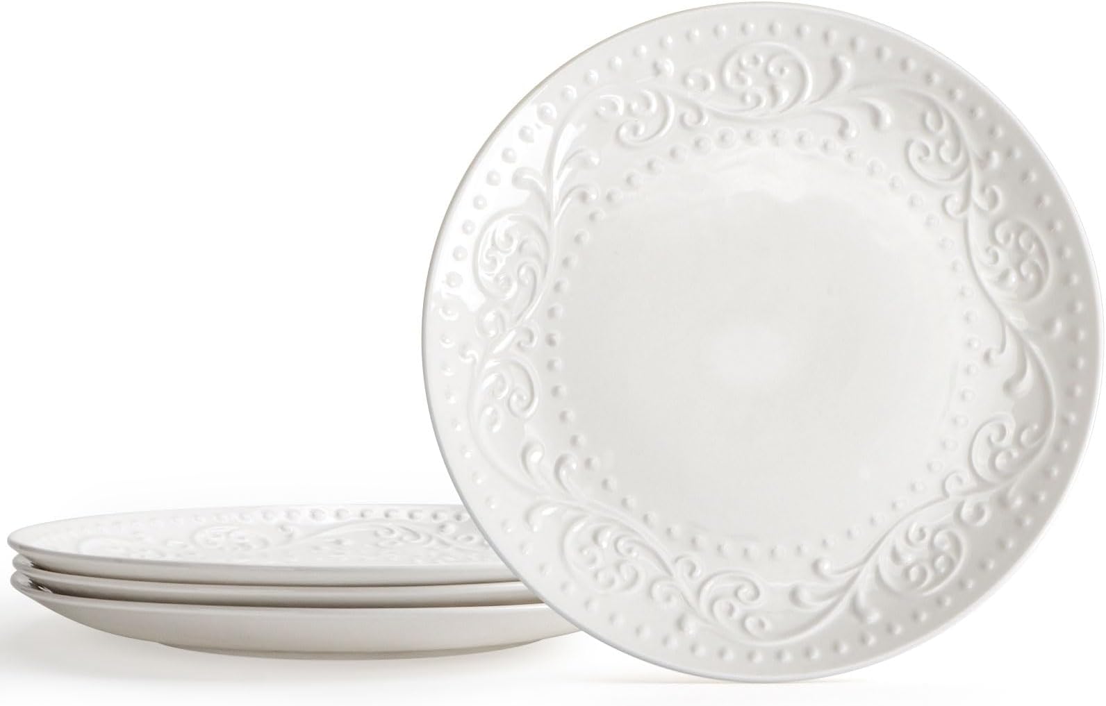Artena Ceramic Dinner Plates Set of 4, 10.75 inch Embossed White Kitchen Plates for Salad, Dessert, Appetizer, Steak, Serving Dishes for Entertaining, Modern Large Flat Plates for Restaurant, Parties