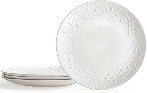 Miniatura 10 de Artena Platos de ensalada de cerámica en relieve, platos llanos blancos de 8 pulgadas, juego de 4 platos de cocina, platos de pasta para aperitivos,