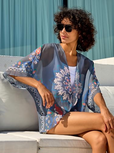 Image of Chunoy Women Summer Casual Open Front Blouse Top Lightweight Chiffon Kimono Beach Wear Cover Up Grey XX-Large
