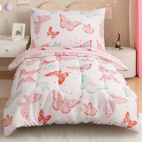Image of david's kids 4 Piece Toddler Bedding Set - Soft Breathable Toddler Bedding Set for Girls, Includes Quilted Comforter, Flat Sheet, Fitted Sheet and Pillowcase, Butterfly