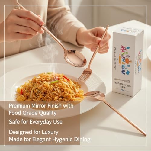 Image of Classic Rose Gold 24 Pcs Stainless Steel Cutlery Set for Dining Table, Dishwasher Safe Glossy Flatware (Perfect Spoon Fork Set)