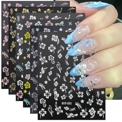 BSBTBZ 6 Sheets Hibiscus Flower Nail Stickers 3D Self-Adhesive Nail Decals Pink White Floral Petal Design French Tip Nail Stickers DIY Nail Decoration for Women
