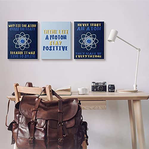 Image of 'Atom Cross The Road Scientific Humor Blue'| 3pc Canvas Art Set | Stupell Industries | 16 x 20 Inches, Easy to Hang and Sturdy, Made in USA, by Lil' Rue