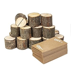 20Pcs Wood Place Card Holders and 24Pcs Kraft Table Place Cards, Rustic Table Number Holders, Food Labels, Name Card Photo Picture Holders for Harvest Fall Thanksgiving Wedding Birthday Party.