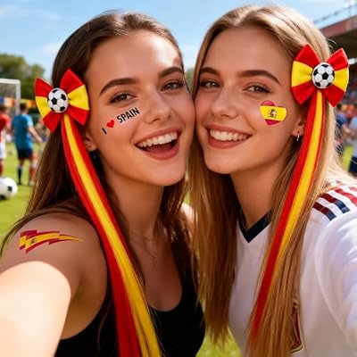 2026 Soccer SPAIN Adult Supporter Kit 7PCS National Team Fan Accessories with Wig Hair Clip, Bracelets & Patriotic Face Decals for Stadium Events & Game Day (SPAIN)