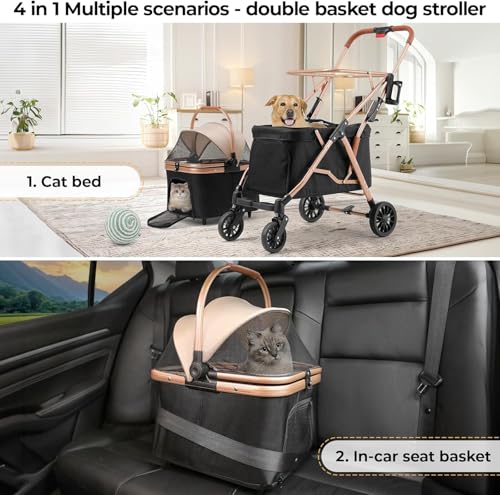 MAMIZO Doppelter Hundebuggy, Haustiere Buggy bis 15 kg, Faltbar 2 Etagen Hundewagen, Katzenbuggy für 2 Etagen mit 4 PCS verschleißfeste PU-Räderr, Hundebox Transporttasche, Schwarz