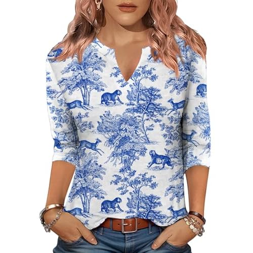 LOMON Womens 3/4 Length Sleeve Tops V Neck T Shirts Casual Basic Tees Work Blouse Spring Summer Shirts White Floral XX-Large