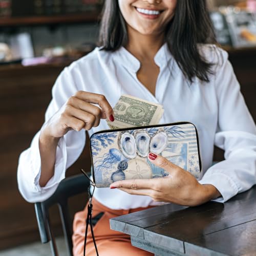 Image of Women's Wallets Credit Card Holder Money Leather Long Wallet | Long wallet with Wristlet,Large Capacity with Zip-Around Phone Purse for Women Ladies Girls,Blue Collage