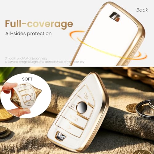 Image of Car Key Fob Cover, White Braided Loop Keychain Case, Gold Edge