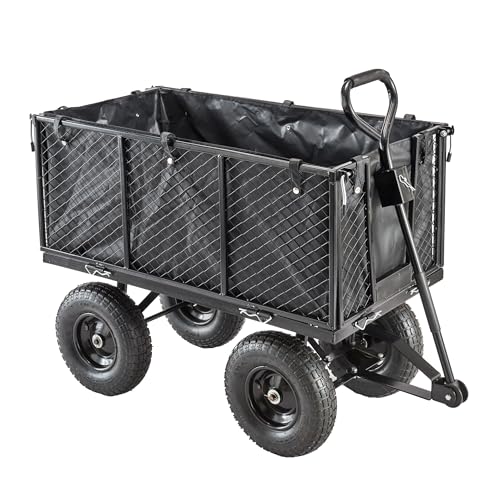 Garden TRAILER Deluxe High Sided Cart Pull Along Trolley 500kg Heavy Duty Black Utility Gardeners Wagon with Liner, Folding Sides, XL Pneumatic Tyres, Outdoor Cart for Gardening, Festivals, Camping