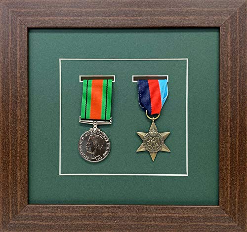 Kwik Picture Framing Ltd Green Shadow Box Frame For Medal Display | Deep 3D Box For Military, Sports And War Awards | Perspex Front And Mdf Backing | Mount - Mahogany Frame | Fits Two Medal