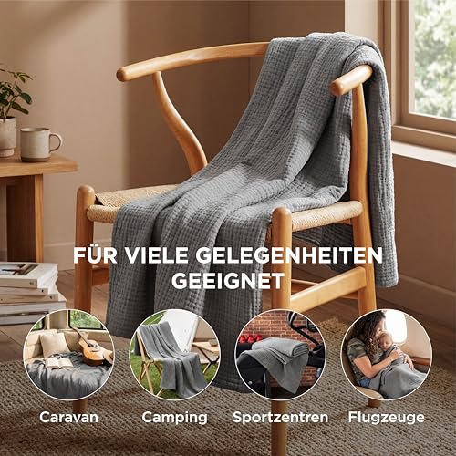 BEDSURE Musselin Decke 100% Baumwolldecke - Tagesdecke, Grau, 130x150 cm – Ansicht 4