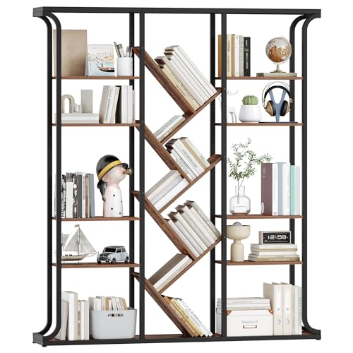 Hzuaneri Estantería de árbol, 9 Niveles 3 Columnas, 17 Compartimentos, Librería Vertical, Ideal para Oficina en Casa, Dormitorio y Sala de Estar, 24 x 156 x 180 cm, Marrón Rústico y Negro,BC53201B