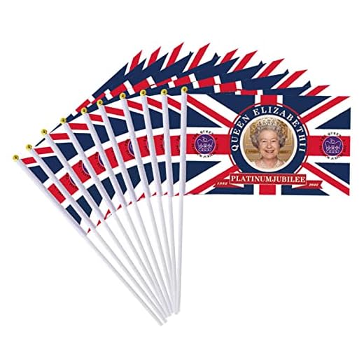 Gidenfly Union Jack Stick flagga, 10 stycken handgjorda brittiska flaggor Queen's Platinum Jubilee Waving Flag Royal Street Party sportevenemang bildekorationer
