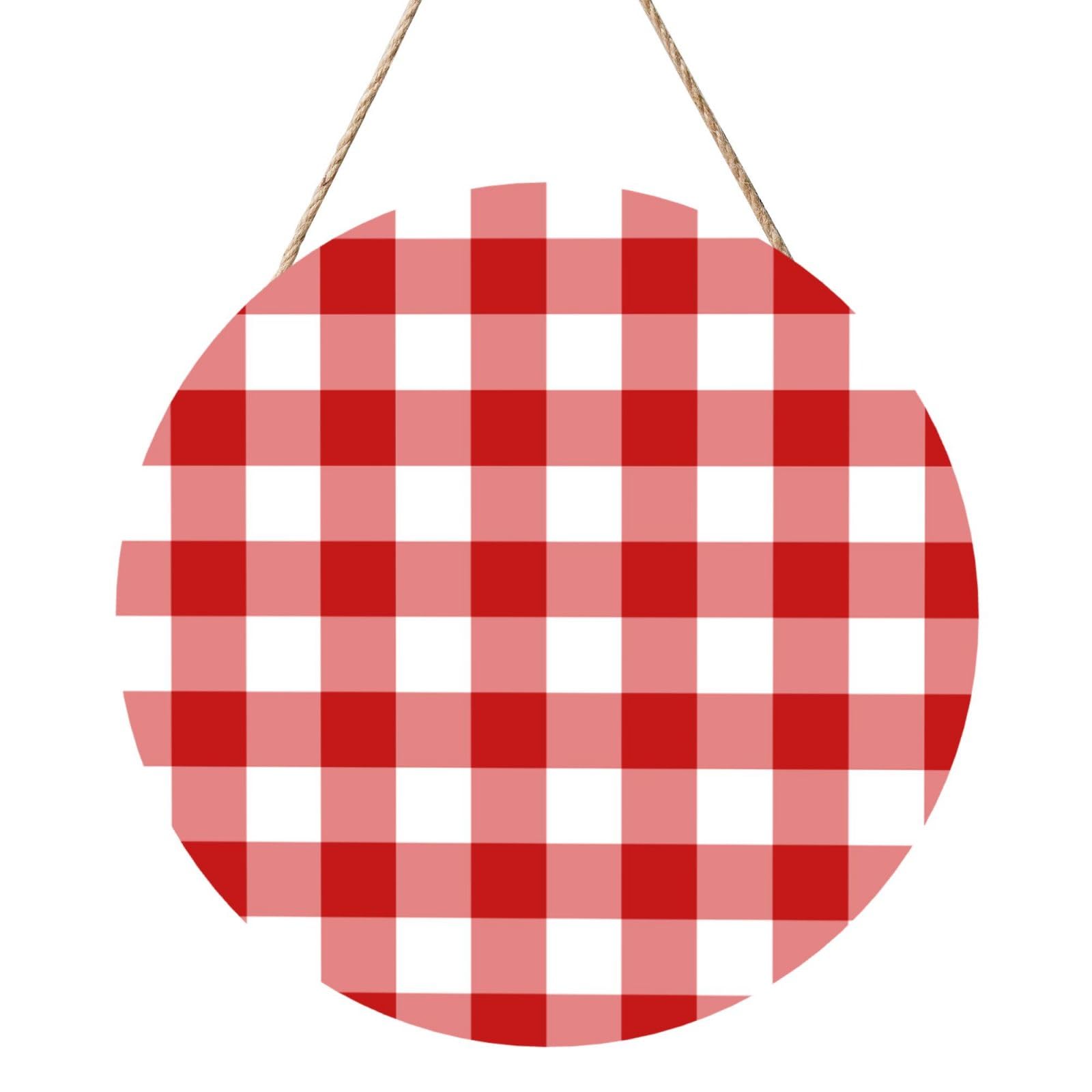InOmak Red And White Plaid, Round Wood Panel Painting 12 in, Wall Hanging Painting For Home