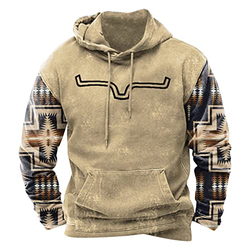 Big And Tall Shirts For Men, Long Sleeve T Shirt Mens Business Spring Vintage Loose Aztec T Shirts Polyester Soft Hooded Drawstring Sweatshirts Men Khaki #TOP18