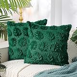 HunnmingRe 2 Pcs Tropical Palm Monstera Leaves Throw Pillow Covers 18 x 18 Inches Green Farmhouse Decorative Pillow Covers Soft Plush Faux Fur Wool Pillowcase for Bed Sofa Living Room