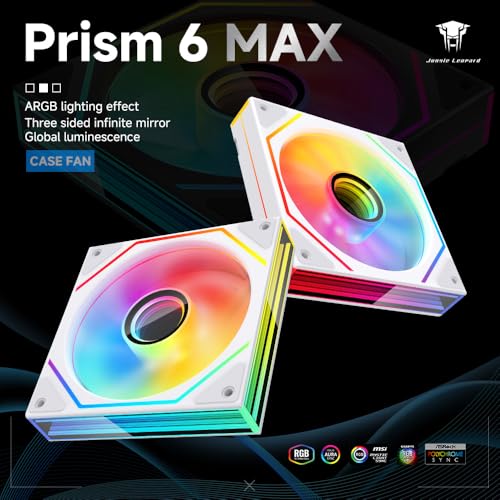 Image of Prism6 MAX X3 120mm ARGB PC Case Fan - 3-Sided Infinite Mirror & Axis Infinite Mirror Light Effect，800-1850±10% RPM 120mm PWM Case Fan for PC Case(Triple Pack White)