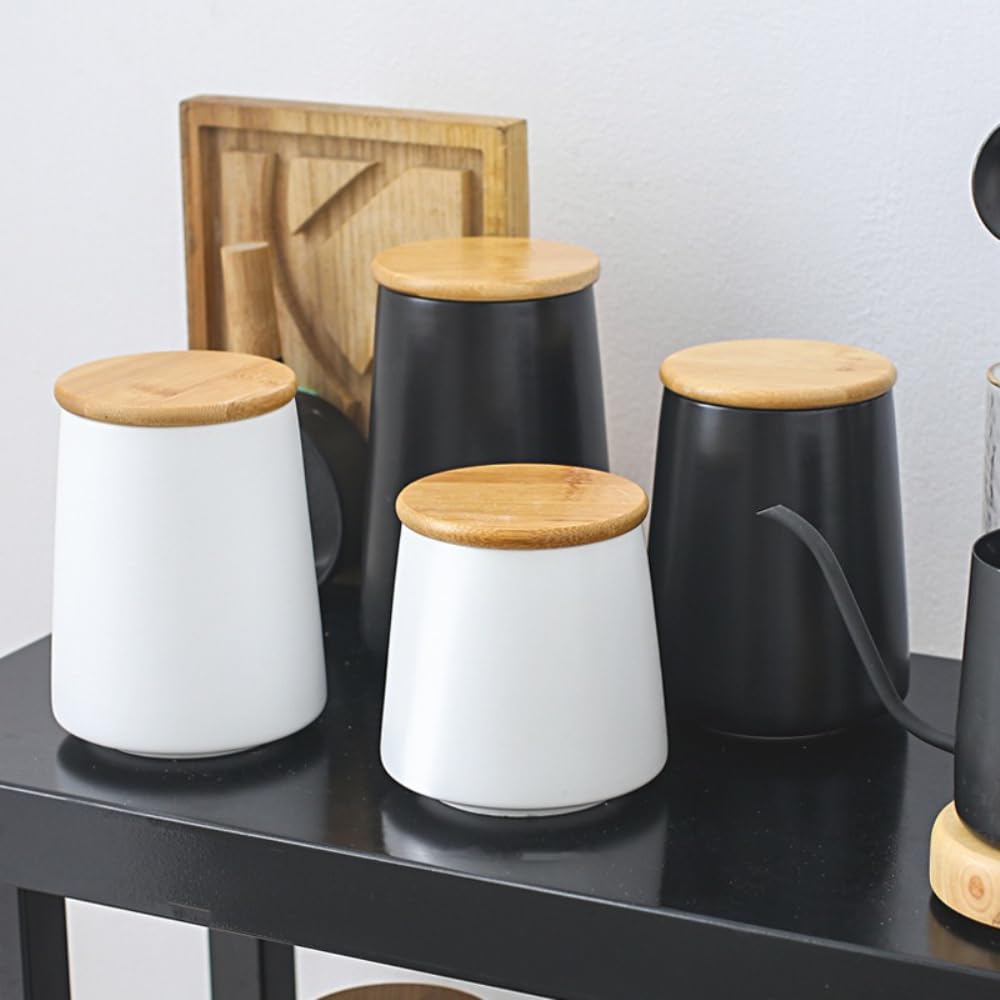 Ceramiczne pojemniki na zapasy z bambusową pokrywką, pojemnik do przechowywania żywności, do herbaty, cukru, kawy, orzechów, białe, A, 3-częściowy zestaw