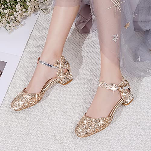 Betadog Girls Sandals Kids Glitter Bow Dress Shoes Heel Sequins Princess Sandals Toddler Flower Wedding Party Shoes (Gold-k, 1)2