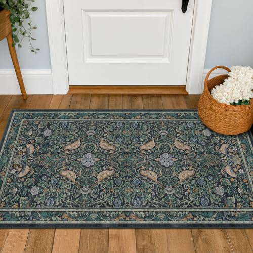 Washable Floral Small 2x4 Thin Door Mats for Inside Entry, Dark Blue Bird Non Slip Kitchen Rug, Low Pile Bathroom Rug, Traditional Carprt for Bedroom