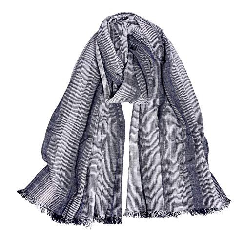 GERINLY Cotton-Linen Scarves Mens Stripe Crinkle Long Scarf (Navy Blue)