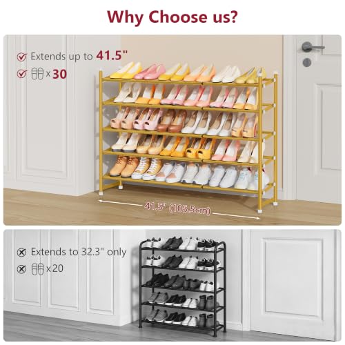 Image of Tajsoon Expandable Shoe Rack for Closet 5 Tier, 28 inch-41 inchStackable, Gold