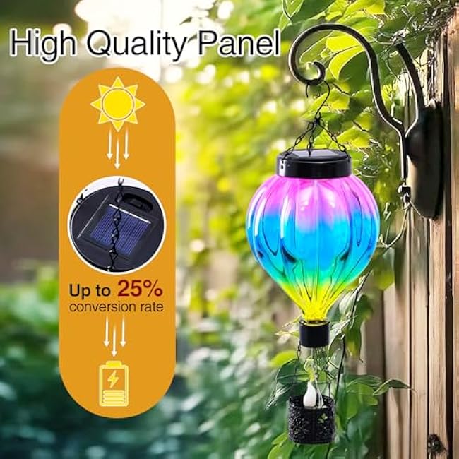 Hot Air Balloon Hanging Solar Lantern Outdoor Waterproof with Flickering Flame Gifts for Women Grandma Mom Glass Hanging Solar Lights Decorative for Outside Wall Front Porch Yard Garden Fence