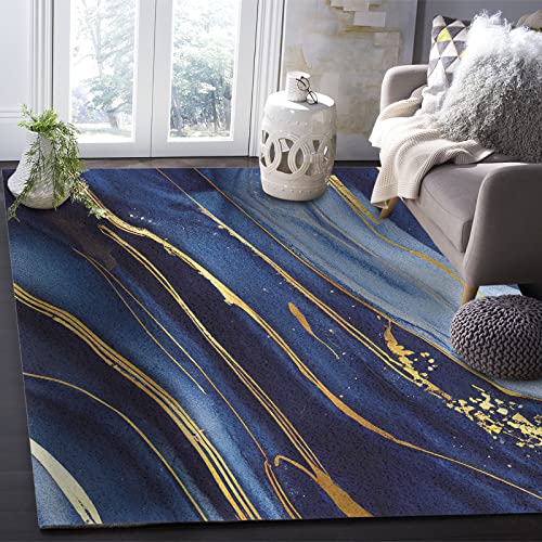 Marble Area Rug 5'X8', Outdoor Indoor Extra Large Carpet Runner For Kids Teen Girls Boys Bedroom, Living Room, Bathroom, Classroom, Office, Kitchen, Modern Navy Blue Abstract Gold Washable Area+Rug #TOP2