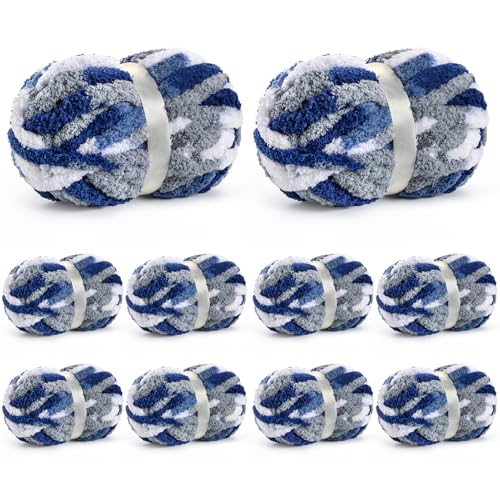 Image of 10 Pack Jumbo Chunky Yarn for Hand Knitting, Fluffy Chunky Chenille Yarn for Crocheting, Variegated Chunky Knit Baby Blanket Yarn, 240 yds /70.5 oz Super Bulky Yarn（Blue-White）